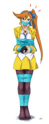Rule 34 | 1girl, absurdres, ace attorney, angry, athena cykes, bdsm, blue eyes, blue necktie, blue ribbon, bondage, bound, capcom, collarbone, formal, gag, gagged, hair ribbon, highres, improvised gag, long hair, looking at viewer, lost one zero, necktie, orange hair, pantyhose, phoenix wright: ace attorney - dual destinies, phoenix wright: ace attorney - spirit of justice, ribbon, skirt, standing, suit, tape, tape bondage, tape gag, twintails