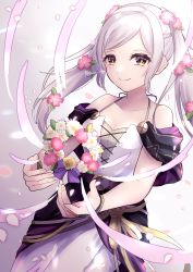 Rule 34 | 1girl, adapted costume, bare shoulders, breasts, brown eyes, cleavage, collarbone, fire emblem, fire emblem awakening, fire emblem heroes, floating, floating object, flower, gradient background, hair flower, hair ornament, highres, long hair, medium breasts, nintendo, official alternate costume, petals, reia hana, robin (female) (fire emblem), robin (female) (valentine) (fire emblem), robin (fire emblem), silver hair, simple background, smile, solo, twintails, twitter username