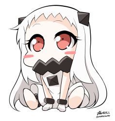 Rule 34 | 10s, 1girl, abyssal ship, blush stickers, chibi, commentary request, covered mouth, dress, horns, kantai collection, long hair, looking at viewer, mittens, northern ocean princess, pale skin, red eyes, sitting, solo, white dress, white hair, yamato nadeshiko