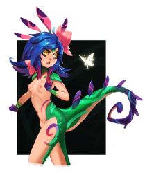 Rule 34 | 1girl, :o, black background, blue hair, breasts, bug, butterfly, colored skin, completely nude, cropped legs, flower, freckles, glowing butterfly, green skin, hair flower, hair ornament, insect, javehorny, league of legends, looking back, medium hair, multicolored skin, navel, neeko (league of legends), nude, open mouth, orange eyes, pink flower, purple skin, small breasts, solo, swept bangs, tail, white background
