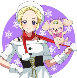 Rule 34 | 1girl, alternate hairstyle, blonde hair, christmas, commentary, dog, dress, dress straps, fuurin asumi, gloves, hair up, half gloves, hand on own hip, hat, healin&#039; good precure, highres, kousuke0912, latte (precure), looking at viewer, off-shoulder dress, off shoulder, open mouth, precure, purple eyes, red scarf, scarf, short sleeves, sidelocks, smile, snowflake background, solo, upper body, white dress, white gloves, white hat