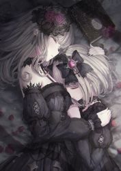 Rule 34 | 2girls, black bow, black dress, black hairband, black nails, book, bow, closed eyes, commentary, dress, earrings, flower, frilled dress, frills, gothic lolita, grey hair, hair bow, hair ornament, hairband, hand on another&#039;s head, highres, hug, jewelry, juliet sleeves, lolita fashion, long hair, long sleeves, missile228, multiple girls, nail polish, off-shoulder dress, off shoulder, on bed, original, petals, puffy sleeves, rose, rose petals, short hair, sleeping