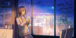 Rule 34 | 1girl, arsenixc, border, brown hair, building, canvas (object), cityscape, cloud, cup, easel, frost, frown, full moon, highres, long hair, looking away, md5 mismatch, messy hair, moon, mug, night, night sky, original, painting (object), pink eyes, ponytail, red eyes, reflection, revision, shadow, skirt, sky, snow, snowing, solo, steam, tea, teacup, window, window frost, winter