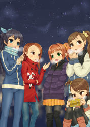 Rule 34 | 5girls, bad id, bad pixiv id, black hair, black legwear, blue eyes, bow, breathing on hands, brown eyes, brown hair, coat, cold, denim, down jacket, fang, frown, futami ami, futami mami, ganaha hibiki, green eyes, hair bow, hand up, handheld game console, hands in pockets, highres, idolmaster, idolmaster (classic), jacket, jeans, leg warmers, pantyhose under shorts, letterman jacket, long hair, looking at another, minase iori, multiple girls, night, one side up, padded coat, pants, pantyhose, pantyhose under shorts, playstation portable, red coat, red eyes, scarf, shorts, siblings, side ponytail, sisters, skirt, sky, skyline, standing, star (sky), starry sky, stuffed animal, stuffed rabbit, stuffed toy, takatsuki yayoi, track suit, twins, very long hair, yoshiwa tomo