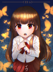 Rule 34 | 1girl, :o, absurdres, blush, bow, brown eyes, brown hair, bug, butterfly, character name, chromatic aberration, collarbone, collared shirt, commentary, copyright name, hands up, highres, ib (ib), ib (kouri), insect, long hair, long sleeves, looking at viewer, open mouth, pleasure mussel, pleated skirt, red bow, red eyes, red skirt, revision, shirt, skirt, solo, teeth, upper teeth only, very long hair, white shirt