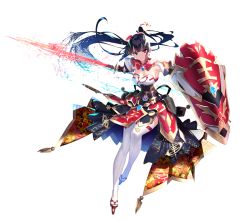 Rule 34 | 1girl, armored skirt, bad anatomy, blue eyes, breasts, cleavage, copyright request, corset, fighting stance, floral print, full body, gem, geta, hayakawa harui, heterochromia, holding, holding shield, holding sword, holding weapon, long hair, looking at viewer, medium breasts, official art, pink eyes, ponytail, shield, solo, sword, tabi, tengu-geta, thighhighs, very long hair, weapon, white background, white thighhighs
