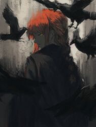 Rule 34 | 1girl, bird, blazer, braid, braided ponytail, chainsaw man, crow, highres, jacket, long hair, looking at viewer, makima (chainsaw man), red hair, ringed eyes, shiej007, simple background, solo