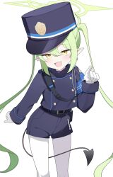 Rule 34 | 1girl, absurdres, black hat, black jacket, black shorts, black tail, blue archive, blush, buttons, chiimanju, demon tail, double-breasted, earrings, feet out of frame, gloves, green hair, green halo, hair between eyes, halo, hat, nozomi (blue archive), highres, jacket, jewelry, long hair, long sleeves, looking at viewer, open mouth, pantyhose, peaked cap, shorts, simple background, single earring, smile, solo, tail, white background, white gloves, white pantyhose, yellow eyes