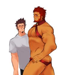 Rule 34 | 2boys, ass, bara, bare pectorals, beard, blood, blue eyes, blush, breast envy, briefs, brown hair, chest harness, couple, dark-skinned male, dark skin, facial hair, fate/grand order, fate (series), feet out of frame, flustered, from side, goatee, harness, interracial, iskandar (fate), loboke, long sideburns, looking at another, male focus, male underwear, mature male, meme, multiple boys, muscle envy, muscular, muscular male, napoleon bonaparte (fate), no nipples, nosebleed, girl staring at guys chest (meme), pectorals, red hair, red male underwear, scar, scar on chest, short hair, sideburns, sidepec, stomach, thick thighs, thighs, underwear, wardrobe malfunction, yaoi