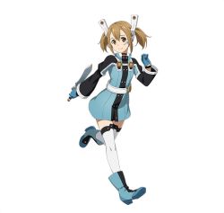 Rule 34 | 10s, 1girl, blue dress, blue footwear, blue gloves, boots, brown eyes, brown hair, dress, full body, gloves, hair between eyes, hair ornament, holding, holding knife, knife, leg up, long hair, looking at viewer, short dress, silica, simple background, smile, solo, standing, sword art online, sword art online the movie: ordinal scale, thighhighs, twintails, white background, white thighhighs, zettai ryouiki