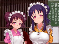 Rule 34 | 2girls, apron, blue hair, blurry, blurry background, blush, commentary request, frilled apron, frilled shirt collar, frills, holding, holding tray, jyon, kazuno leah, kazuno sarah, looking at viewer, love live!, love live! sunshine!!, maid, maid headdress, multiple girls, pink eyes, purple eyes, purple hair, saint snow, short sleeves, siblings, side ponytail, sidelocks, sisters, smile, translation request, tray, twintails, unamused, upper body, wa maid