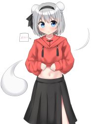Rule 34 | 1girl, black bow, black hairband, black skirt, blue eyes, blush, bow, bow hairband, bun cover, clothes lift, clothes pull, commentary, dot nose, drawstring, frills, frown, ghost, hairband, highres, hood, hoodie, konpaku youmu, konpaku youmu (ghost), looking at viewer, navel, pleated skirt, red hoodie, shirt pull, short hair, simple background, skirt, solo, speech bubble, touhou, white background, white hair, youmu-kun
