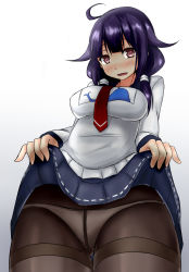 Rule 34 | 10s, 1girl, ahoge, ass, bad id, bad pixiv id, black pantyhose, blue skirt, blush, breasts, clothes lift, crotch seam, hair flaps, heart, heart-shaped pupils, highres, kantai collection, large breasts, long hair, long sleeves, looking at viewer, low twintails, necktie, open mouth, panties, panties under pantyhose, pantyhose, pleated skirt, purple hair, red eyes, red necktie, school uniform, serafuku, skirt, skirt lift, solo, symbol-shaped pupils, taigei (kancolle), terakoya, thigh gap, thighband pantyhose, thighs, twintails, underwear, white panties