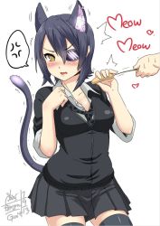Rule 34 | 10s, 1girl, anger vein, animal ears, artist name, blush, cat ears, cat tail, cat teaser, cattail, eyepatch, go-it, headgear, heart, kantai collection, kemonomimi mode, open mouth, personification, plant, purple hair, short hair, signature, solo focus, spoken anger vein, sweatdrop, tail, tenryuu (kancolle), thighhighs, trembling, yellow eyes
