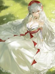 Rule 34 | 1girl, absurdres, animal ears, arknights, bare shoulders, bear ears, blue eyes, breasts, cleavage, closed mouth, day, detached collar, detached sleeves, dress, ergouzi echo, feet out of frame, flower, frilled dress, frills, heterochromia, highres, jewelry, large breasts, long hair, long sleeves, looking at viewer, necklace, official alternate costume, on grass, on ground, outdoors, red eyes, red headwear, rosa (arknights), rosa (masterpiece) (arknights), silver hair, sitting, solo, strapless, strapless dress, sunlight, very long hair, white dress, white flower