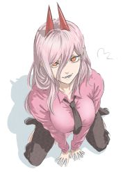 Rule 34 | 1girl, 9431116, black pants, breasts, chainsaw man, collared shirt, eyelashes, fang, fangs, hair between eyes, highres, horns, large breasts, long hair, long sleeves, looking at viewer, necktie, open mouth, pants, pink hair, pink shirt, power (chainsaw man), red eyes, sharp teeth, shirt, sitting, sleeves past elbows, smile, solo, spread legs, teeth, unusual pupils, watermark, white background