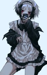 Rule 34 | 1girl, absurdres, apron, black bow, black bowtie, black footwear, black hair, black jacket, black nails, blush, bow, bowtie, cellphone, covered mouth, highres, holding, holding phone, jacket, jacket partially removed, long sleeves, looking at viewer, maid apron, maid headdress, multicolored hair, original, phone, red eyes, seiza, short hair, simple background, sitting, smartphone, solo, spiked ear piercing, streaked hair, torichikushou, white apron, white background, white hair