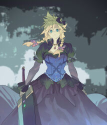 Rule 34 | 1boy, aqua eyes, black bow, black skirt, blonde hair, blue corset, bow, braid, buster sword, cloud strife, corset, cowboy shot, crossdressing, final fantasy, final fantasy vii, final fantasy vii remake, hair bow, highres, holding, holding sword, holding weapon, jewelry, juliet sleeves, long hair, long sleeves, looking at viewer, male focus, materia, necklace, official alternate costume, pink bow, puffy short sleeves, puffy sleeves, short sleeves, skirt, solo, spiked hair, square enix, sword, tpqmsrp, twin braids, wall market, weapon