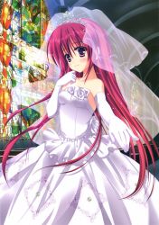 Rule 34 | 1girl, absurdres, breasts, bridal veil, dress, elbow gloves, gloves, highres, hinamatsuri touko, long hair, original, pink eyes, pink hair, small breasts, solo, stained glass, strapless, strapless dress, tiara, veil, wedding dress, white gloves