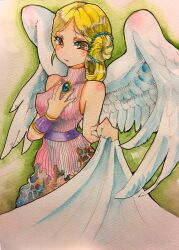 Rule 34 | absurdres, arm between breasts, armlet, arms up, between breasts, blanket, blonde hair, blush, body horror, breasts, breath of fire, breath of fire iv, brooch, brown eyes, closed mouth, covered erect nipples, cropped legs, dress, elina (breath of fire), feathered wings, flesh, green outline, hair bun, highres, holding, holding blanket, inoe, jewelry, looking at viewer, medium breasts, medium hair, outline, painting (medium), sleeveless, traditional media, turtleneck, watercolor (medium), wings, worried