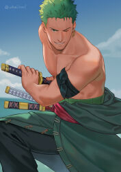 Rule 34 | 1boy, bandana around arm, bara, black pants, blue eyes, earrings, green hair, grin, highres, holding, holding weapon, japanese clothes, jewelry, kimono, kneeling, looking at viewer, male focus, muscular, muscular male, one eye closed, one piece, pants, pectorals, roronoa zoro, scar, scar across eye, short hair, smile, solo, sword, topless male, twitter username, uhai, v-shaped eyebrows, weapon