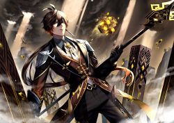Rule 34 | 1boy, black gloves, brown hair, closed mouth, cloud, cloudy sky, coattails, collared shirt, commentary request, earrings, floating, floating object, floating rock, formal, genshin impact, gloves, gradient hair, hair between eyes, hair tie, holding, holding polearm, holding spear, holding weapon, jacket, jewelry, long hair, long sleeves, male focus, multicolored hair, necktie, orange hair, outdoors, polearm, ponytail, shirt, single earring, sky, solo, spear, stele, suit, tassel, tassel earrings, vest, weapon, yellow eyes, zhongli (genshin impact), zongchun