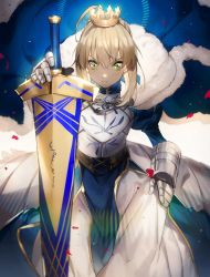 Rule 34 | 1girl, ahoge, armor, armored dress, artoria pendragon (all), artoria pendragon (fate), blonde hair, blue cape, blue dress, braid, braided bun, cape, closed mouth, crown, dress, excalibur (fate/stay night), fate/grand order, fate (series), faulds, french braid, fur-trimmed cape, fur trim, gauntlets, green eyes, hair between eyes, hair bun, highres, holding, holding sword, holding weapon, juliet sleeves, light, long sleeves, no-kan, puffy sleeves, royal robe, saber (fate), sheath, sheathed, sidelocks, solo, sword, turtleneck, turtleneck dress, v-shaped eyebrows, weapon, wind, wind lift