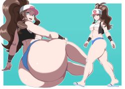 Rule 34 | 1girl, ass, bare shoulders, baseball cap, blue background, blue eyes, blue shorts, breasts, brown hair, cleavage, collarbone, creatures (company), crop top, curvy, game freak, hat, hilda (pokemon), huge ass, large breasts, looking at viewer, lying, naughty face, navel, nintendo, on side, oryutoo, pokemon, pokemon bw, ponytail, sandals, short shorts, shorts, smile, solo, stomach, thick thighs, thighs, vest, walking, wide hips