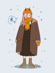 Rule 34 | 1girl, absurdres, beanie, black dress, boots, brown coat, chainsaw man, closed eyes, coat, commentary request, dress, fangs, full body, gurukousu, hair between eyes, hat, highres, horns, long hair, mittens, open mouth, pink hair, plaid, plaid headwear, plaid scarf, pochita (chainsaw man), power (chainsaw man), red horns, scarf, smile, snow, solo, translation request, winter clothes
