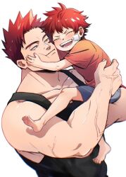 Rule 34 | 2boys, bandaid, bandaid on cheek, bandaid on face, barefoot, black tank top, blue shorts, boku no hero academia, closed eyes, endeavor (boku no hero academia), father and son, highres, hug, male focus, multicolored hair, multiple boys, muscular, muscular male, nishino (fetv8484), open mouth, orange shirt, red hair, shirt, short hair, shorts, tank top, todoroki touya, two-tone hair, veins, veiny arms, white hair