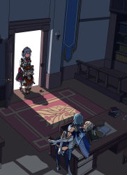 Rule 34 | 4girls, armor, armored boots, armored dress, blue hair, blush, book, boots, braid, closed mouth, covering another&#039;s eyes, covering own eyes, desk, dress, eula (genshin impact), gauntlets, genshin impact, gloves, hat, high heel boots, high heels, highres, indoors, jean (genshin impact), klee (genshin impact), leg lock, long hair, long sleeves, lying, m kyo, multiple girls, noelle (genshin impact), on back, on desk, open book, open door, open mouth, ponytail, red dress, short hair, silver hair, standing, yuri