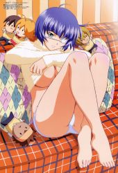 Rule 34 | 00s, 1girl, absurdres, ahoge, artbook, ass, barefoot, blue hair, breasts, character doll, clothes lift, couch, crossed legs, doll, eyepatch, fanbook, feet, green eyes, highres, ikkitousen, ikkitousen dragon destiny, lace, lace-trimmed panties, lace trim, large breasts, long legs, miyazawa tsutomu, no bra, official fanbook, panties, pantyshot, pillow, ryomou shimei, scan, shirt lift, short hair, sitting, smile, solo, sonsaku hakufu, sweater, toranoana, underboob, underwear, undressing, white panties
