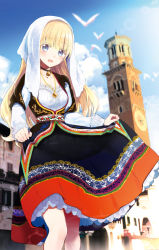 Rule 34 | 1girl, :d, bell, bird, blonde hair, blue eyes, blue sky, blunt bangs, blurry, blush, breasts, choker, cloud, day, depth of field, dress, embroidery, feet out of frame, flock, jewelry, juliet persia, kishuku gakkou no juliet, lace-trimmed sleeves, lace trim, layered sleeves, long hair, long sleeves, looking at viewer, natsupa, neck bell, necklace, open mouth, outdoors, pendant, short over long sleeves, short sleeves, skirt hold, sky, smile, solo, standing, tower, traditional clothes, veil