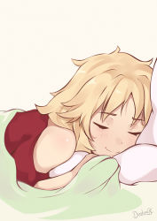 Rule 34 | 1girl, alternate hairstyle, bare shoulders, blanket, blonde hair, closed eyes, commentary, darahan, fang, fate/apocrypha, fate/grand order, fate (series), lying, messy hair, mordred (fate), mordred (fate/apocrypha), on stomach, pillow, red shirt, shirt, simple background, skin fang, sleeping, solo, white background