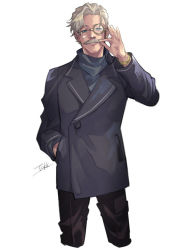 Rule 34 | 1boy, blue eyes, bracelet, facial hair, fate/grand order, fate (series), grey hair, hand in pocket, jacket, james moriarty (archer) (fate), jewelry, male focus, monocle, monocle chain, mustache, old, old man, simple background, solo, standing, takku (takk25), white background