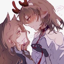 Rule 34 | 2girls, absurdres, animal ears, antlers, black gloves, blush, braces, brown eyes, brown hair, chinese commentary, collared shirt, commentary request, deer antlers, deer ears, deer girl, eye contact, eyes visible through hair, from side, gloves, height difference, highres, holding, holding leash, horns, leash, long hair, looking at another, medium hair, multiple girls, necktie, orange necktie, puff of air, qileen, reverse:1999, shirt, simple background, single bare shoulder, smirk, spoken blush, sweat, tooth fairy (reverse:1999), white background, white shirt, yuri, z (reverse:1999)