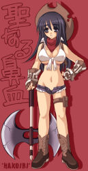 1girl axe bandana bandana_around_neck black_hair blacksmith_(ragnarok_online) boots breasts brown_boots brown_gloves brown_hat cleavage covered_erect_nipples cowboy_boots crop_top cropped_shirt cutoffs drop_shadow fingerless_gloves full_body gloves groin hair_between_eyes hakoiri_nyanko hand_on_hilt hand_on_own_hip hat large_breasts legs_apart long_hair micro_shorts navel open_fly parted_lips pouch purple_shorts ragnarok_online red_background red_bandana shirt shorts solo standing thigh_pouch thigh_strap tied_shirt underboob white_eyes white_shirt