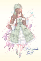 Rule 34 | 1girl, ankle flower, ankle strap, blue eyes, bonnet, bow, bowtie, brown hair, bug, butterfly, center frills, cherry blossoms, dress, flower, frilled dress, frilled sleeves, frills, full body, green bow, green bowtie, green dress, green footwear, highres, insect, lolita fashion, long hair, original, overskirt, petals, rose, smile, solo, wavy hair, white bow, white bowtie, white flower, white rose, wide sleeves, yuzhi