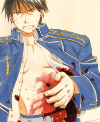 Rule 34 | 00s, 1boy, black hair, bleeding, blood, blood on clothes, fullmetal alchemist, injury, male focus, military, military uniform, open clothes, roy mustang, solo, spoilers, teeth, uniform