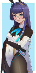 Rule 34 | 1girl, animal ears, arm at side, arm under breasts, black bodysuit, blue background, blue eyes, blue hair, blue neckerchief, blush, bodysuit, border, breasts, commentary, covered navel, cowboy shot, fake animal ears, glasses, gradient hair, hand on own arm, highres, honkai: star rail, honkai (series), leotard, long hair, looking at viewer, multicolored hair, neckerchief, open mouth, outside border, pela (honkai: star rail), rabbit ears, round eyewear, small breasts, solo, strapless, strapless leotard, white border, white leotard, yellow glasses (odivichno)
