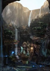 Rule 34 | 1girl, blonde hair, canyon, city, cityscape, closed eyes, fantasy, gas mask, gloves, goggles, goggles on head, holding, long hair, mask, obaryo, original, overalls, scenery, smile, wading, water, waterfall