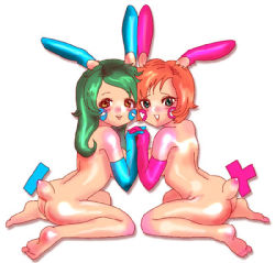 Rule 34 | 2girls, animal ears, ass, blue eyes, blue gloves, blush, breasts, creatures (company), ear covers, elbow gloves, from behind, full body, game freak, gen 3 pokemon, gloves, green hair, holding hands, interlocked fingers, long hair, looking at viewer, looking back, lowres, medium breasts, minun, multiple girls, nintendo, nude, orange hair, personification, pink gloves, plusle, pokemon, shiny skin, short hair, simple background, sitting, smile, tail, wariza, white background