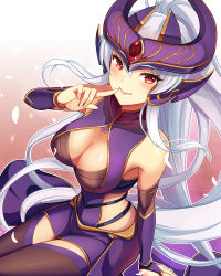 Rule 34 | 1girl, arm warmers, bad anatomy, bare shoulders, breasts, brown thighhighs, chan qi (fireworkhouse), cleavage, clothing cutout, finger to mouth, headpiece, large breasts, league of legends, long hair, looking at viewer, red eyes, side cutout, sitting, smile, solo, syndra, thighhighs, very long hair, white hair