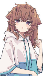 1girl animal_ears aoi_tori blush brown_eyes commentary dot_nose fox_ears highres light_brown_hair looking_to_the_side medium_hair messy_hair open_mouth original playing_with_own_hair raika-chan_(aoi_tori) simple_background solo two-tone_hoodie upper_body white_background