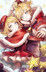 Rule 34 | 1boy, 1girl, absurdres, bell, blonde hair, blue eyes, bow, capelet, christmas, closed mouth, commentary, detached sleeves, dress, fur-trimmed capelet, fur trim, hat, highres, kagamine len, kagamine rin, looking at viewer, nail polish, open mouth, pipi, purple bow, red capelet, red dress, red headwear, santa costume, short hair, short ponytail, smile, sparkle, star ornament, thighhighs, vocaloid, white thighhighs, yellow nails