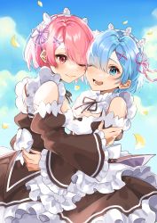 Rule 34 | 2girls, absurdres, black ribbon, blue eyes, blue hair, blush, bow, breasts, brown dress, brown sleeves, cheek-to-cheek, day, detached sleeves, dress, dress bow, female focus, flower knot, frilled sleeves, frills, from side, hair ornament, hair over one eye, hair ribbon, heads together, highres, kamo860, long sleeves, maid, maid headdress, matching hair/eyes, medium breasts, multiple girls, neck ribbon, one eye closed, open mouth, outdoors, petals, pink eyes, pink hair, ram (re:zero), re:zero kara hajimeru isekai seikatsu, rem (re:zero), ribbon, short hair, siblings, sisters, small breasts, smile, twins, white bow, x hair ornament