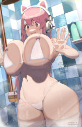 Rule 34 | 1girl, against glass, bare shoulders, blush, breast press, breasts, cleavage, curvy, headphones, highres, huge breasts, long hair, magister, navel, nitroplus, open mouth, pink hair, red eyes, shower (place), smile, solo, super sonico, thick thighs, thighhighs, thighs, white thighhighs, wide hips