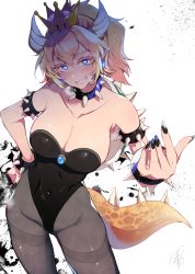 Rule 34 | 1girl, armlet, bare shoulders, black leotard, black nails, black pantyhose, blonde hair, blue eyes, borrowed design, bowsette, bracelet, breasts, cleavage, collar, colored eyelashes, commentary, commentary request, covered navel, crown, fingernails, hair between eyes, hand on own hip, heart, heart-shaped pupils, highleg, highres, horns, jewelry, large breasts, leotard, looking at viewer, mario (series), nail polish, new super mario bros. u deluxe, nintendo, pantyhose, parted lips, pochi (pochi-goya), ponytail, sharp fingernails, sharp teeth, solo, spiked armlet, spiked bracelet, spiked collar, spikes, standing, super crown, symbol-shaped pupils, tail, teeth, thighband pantyhose, turtle shell