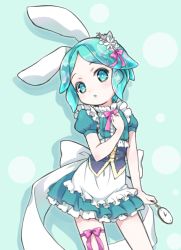 Rule 34 | 1other, amimi, animal ears, aqua background, aqua dress, aqua eyes, aqua hair, arm at side, bare arms, bow, bowtie, bustier, cowboy shot, dress, flat chest, flower, frilled dress, frills, hair bow, hair flower, hair ornament, hand on own chest, head tilt, holding, houseki no kuni, leg ribbon, looking at viewer, other focus, parted lips, phosphophyllite, pink bow, pink bowtie, pink ribbon, pocket watch, puffy short sleeves, puffy sleeves, rabbit ears, ribbon, short dress, short hair, short sleeves, solo, transparent, watch, white bow