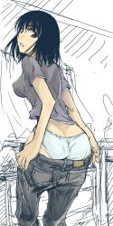 Rule 34 | 00s, 1girl, ass, black hair, breasts, clothes pull, cosaten, covered erect nipples, denim, green eyes, jeans, looking back, medium breasts, panties, pants, pants pull, pulled by self, school rumble, short hair, solo, suou mikoto (school rumble), underwear, undressing
